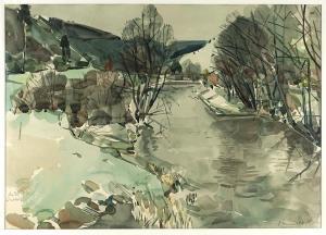 ROMUAL Hengstler 1930-2003,An der Eschach Landschaft mit Flusslauf,1957,Zeller DE 2015-09-24