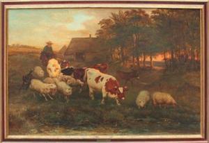 RONNER KNIP Henriette 1821-1909,Boer met terugkerend vee bij avond,Twents Veilinghuis NL 2017-07-14