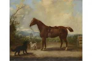 ROOS William 1808-1878,PORTRAIT OF A HORSE AND TWO DOGS IN A HILLY LANDSC,Mellors & Kirk 2015-11-25