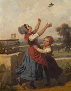 ROQUEPLAN Camille Joseph Etienne,Two children releasing a songbird,1870,Rosebery's 2024-02-27