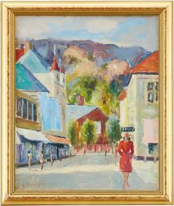 ROSENSOHN Lennart 1918-1994,Stadsbild med kvinna i rött,Uppsala Auction SE 2021-09-14