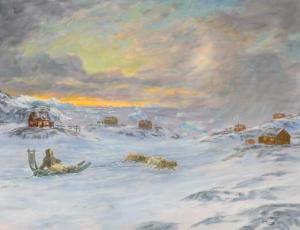 ROSING Svend Peter Christ 1892-1965,Sunset over a greenlandic hamlet,1957,Bruun Rasmussen 2017-08-07