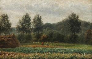ROSSEELS Jacques 1828-1912,Hilly landscape with farmers at work under a cloud,Bernaerts 2017-03-21