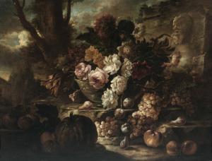 Rossi Angelo Maria,Natura morta con frutti, canestro di fiori e fonta,17th century,Cambi 2021-06-16