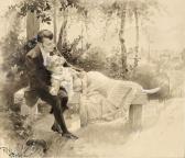 ROTHER Rudolf 1863-1909,Paar auf Bank im Wald mit Blick auf Städtchen,Allgauer DE 2011-04-14