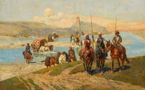 ROUBAUD Frants 1856-1928,Circassian Riders at the Ford,1900,Van Ham DE 2023-11-17