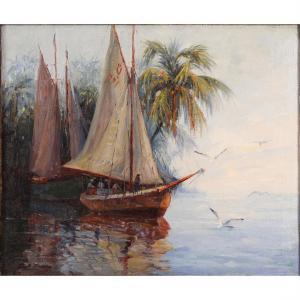ROURE Emile 1880-1970,"Schooners at Rest in the Tropics,",Clars Auction Gallery US 2022-07-17