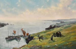 ROUSE Lionel 1911-1984,fishing boats moored in an inlet with figures wait,John Nicholson 2021-03-24