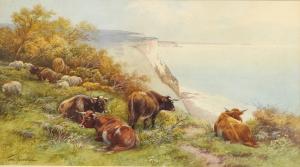 ROWDEN Thomas, Tom 1842-1926,Cattle and Sheep Grazing the Cliff To,Bamfords Auctioneers and Valuers 2023-01-19
