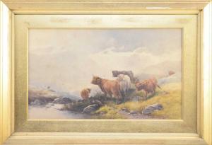 ROWDEN Thomas, Tom 1842-1926,Highland cattle by a stream,Halls GB 2023-03-08