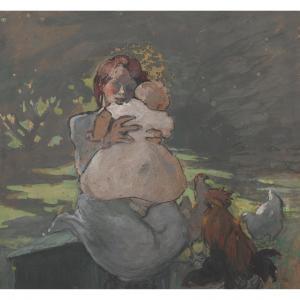 ROYDS Mabel A. 1874-1941,GIRL, BABY AND THREE HENS,Lyon & Turnbull GB 2023-10-18
