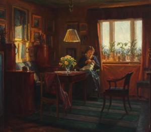 RUD PETERSEN Rudolf 1871-1961,An interior with a woman sewing,Bruun Rasmussen DK 2017-03-13