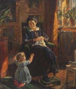 RUD PETERSEN Rudolf 1871-1961,Interior with a mother and her child,1918,Bruun Rasmussen 2019-01-21