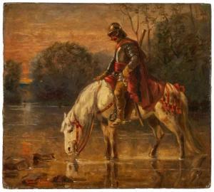 RUMPF Emil 1860-1948,Kavallerist mit seinem Schimmel an der Tränke,Dobritz DE 2019-11-09