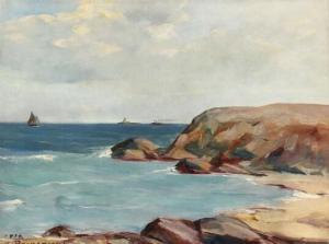 RUOKOKOSKI Jalmari 1886-1936,A view of a rocky coast with a lighthouse in the ,1934,Bruun Rasmussen 2020-03-23
