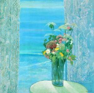 RUSS Elliott 1932,still life with flowers and curtains,South Bay US 2020-03-14