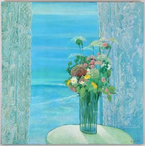 RUSS Elliott 1932,still life with flowers and curtains,South Bay US 2019-05-18