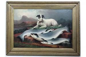 RUSSELL James B 1867-1956,Loyal Terrier dog guarding 3 large fresh caught sa,Dickins GB 2015-09-12