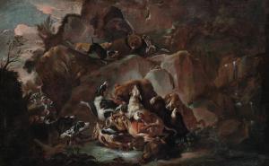 RUTHART Carl Borromaus Andreas,Wooded landscape with dogs attacking bears,Sotheby's 2023-05-26
