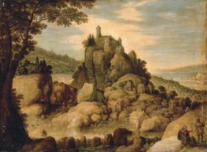 RYCKAERT Maerten 1587-1631,An extensive rocky river landscape with pilgrims r,Christie's 2006-12-08