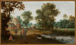 RYCKAERT Maerten 1587-1631,Cavalier et son chien sur fond de château ferme,Horta BE 2024-04-22