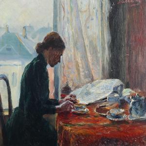 SØMME Jacob 1862-1940,A young woman sitting at the breakfast table in th,Bruun Rasmussen 2016-06-20