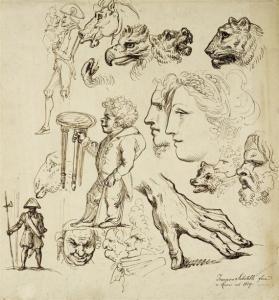 SABATELLI Francesco,Sketch sheet with animal heads, figures in profile,Galerie Koller 2011-09-19