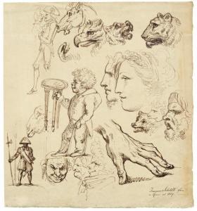 SABATELLI Francesco,Study sheet with animal heads, male profiles and a,Galerie Koller 2016-03-22