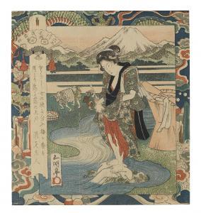 SADAKAGE Utagawa,a woman standing on a rock washing clothes with he,1840,Bonhams 2023-05-23