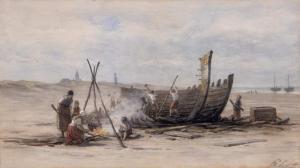 SADEE Philippe L.J.F 1837-1904,A demolished bomschuit at Scheveningen beach,Venduehuis NL 2023-11-16