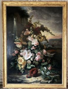 SAINT JEAN Simon 1808-1860,Nature morte aux roses trémières,Daguerre FR 2023-04-02