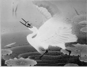 SAKAKIBARA Shikô 1895-1969,a heron wading in a river amongst lotus holding a ,Christie's 2000-06-23