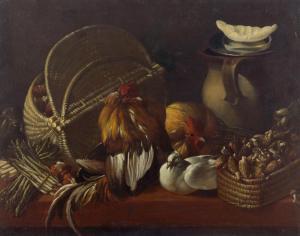 SALINI Tommaso,Kitchen still life with poultry and morels in a ba,Galerie Koller 2022-09-23