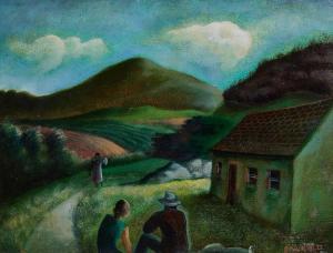 SALKELD Cecil French 1904-1969,FIGURES BY A COTTAGE WITH MOUNTAINS IN THE DISTANC,Whyte's 2023-10-02