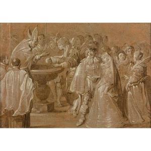 SALLAERT Antonius 1590-1657,Prêtre baptisant un enfant, en grisaille,Tajan FR 2020-12-15