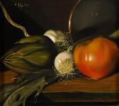 SALMOIRAGHI Giorgio 1936,Still life of artichoke, garlic and tomato,Dreweatt-Neate GB 2010-07-14