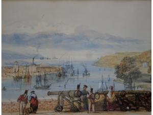 SALMON J 1900-1900,VIEW OF DEVONPORT HARBOUR WITH SHIPPING, FORTIFICA,Lawrences GB 2016-07-15