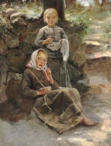SALMSON Hugo Fredrik,Two little girls eating cherries in a clearing in ,Bruun Rasmussen 2018-02-27