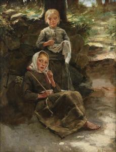 SALMSON Hugo 1843-1894,Körsbär, två barn i en skogsglänta,Stockholms Auktionsverket SE 2017-12-12