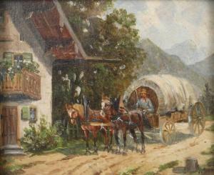 SANDER J 1800-1900,Bauernfuhrwerk vor alpenländischer Kulisse hält ei,1900,Mehlis DE 2018-05-24