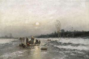 SANDER J 1800-1900,Winterliche Landschaft bei Sonnenaufgang mit Krabbenfischern,Nagel DE 2012-06-06