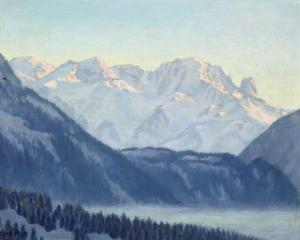 SARAZIN Regnault 1886-1943,Le Soir depuis Villars sur Ollon et Aiguilles Vert,Zofingen CH 2017-11-30