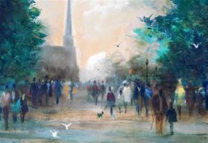 SARDELLA Gennaro 1950,square with people and church spire in distance,Winter Associates 2019-08-12