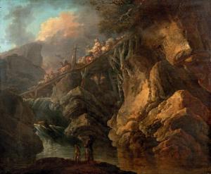SARRAZIN Jean Baptiste 1700-1800,Caravane traversant un pont de bois dans un pays,Beaussant-Lefèvre 2014-06-06