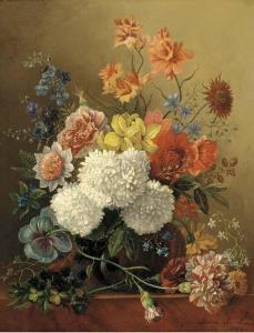 SARTORIUS Sara 1836-1913,Mixed summer flowers in a glass vase on a ledge,1861,Christie's 2002-05-30