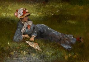 SAUNIER Octave Alfred,elegant lady relaxing in the garden amongst wildfl,John Nicholson 2021-03-24