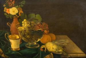 SAUTER Johann Georg 1758-1840,Stilleben mit Blumen, Obst, Kaffeetasse und erlegt,Nagel DE 2018-10-10