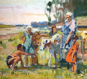 SAVELIEVITCH BEREUTA Communa 1926,Rural figures with acow,Rosebery's GB 2011-03-15