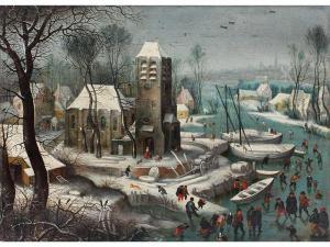SAVERY Jacob I 1545-1602,WINTER LANDSCAPE WITH CHURCH, RIVER AND ICE-SKATERS,Hampel DE 2019-12-05