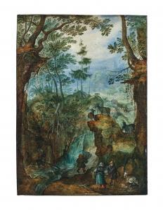 SAVERY Roelant,A rocky wooded landscape with peasants near a stre,1609,Palais Dorotheum 2024-04-24